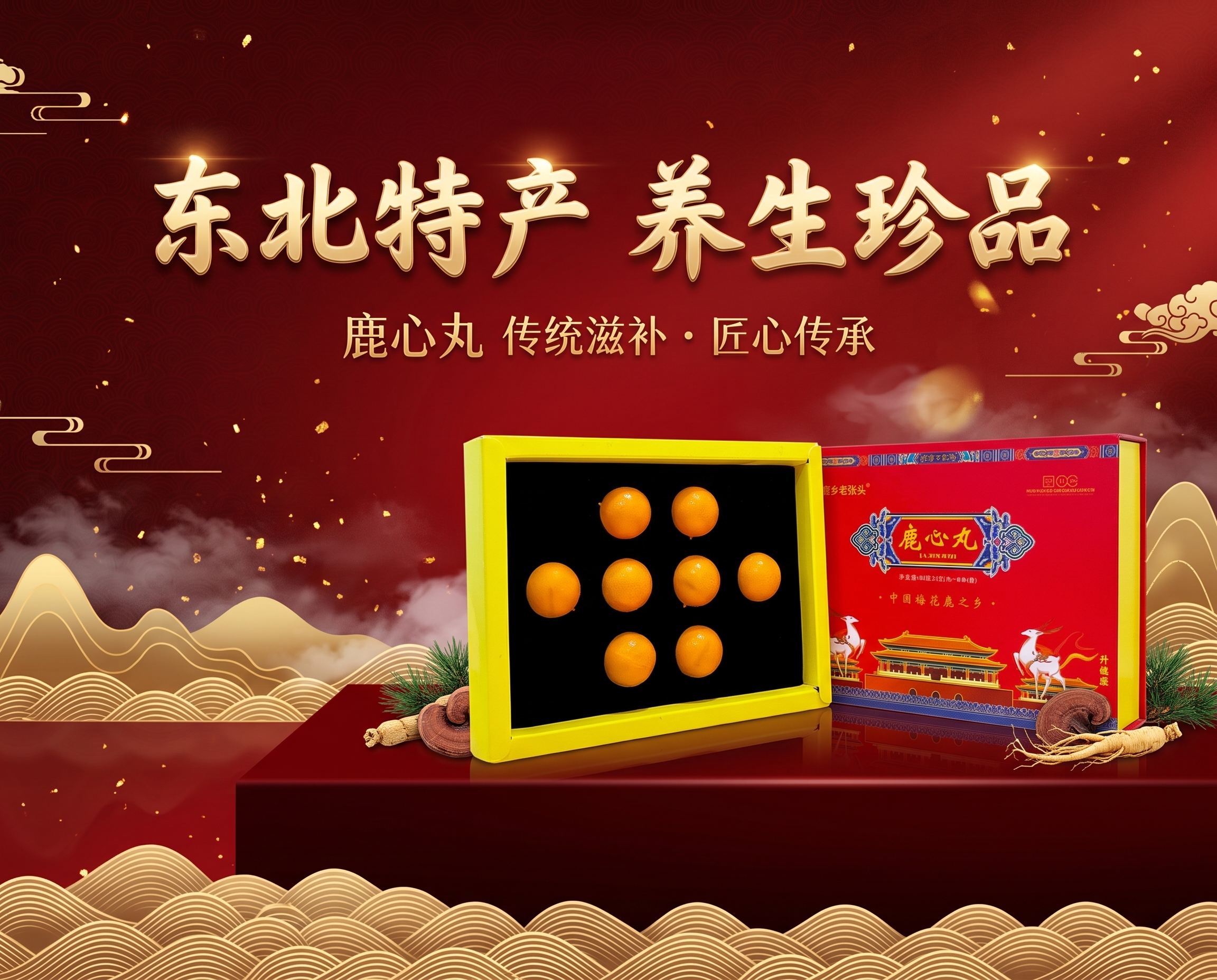 以参考图中的鹿心丸产品为核心主图进行电商展示设计：画面主体为参… - 图片创意预览