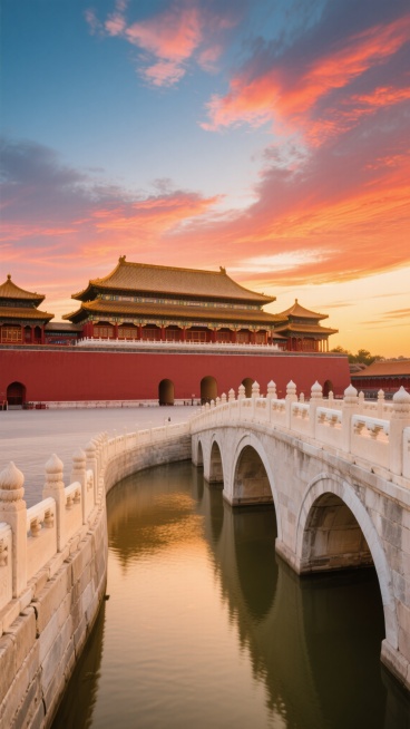 中国北京故宫博物院太和殿全景，金色琉璃瓦在夕阳下熠熠生辉，红色宫墙庄重威严，白玉石桥横跨金水河，天空中布满绚烂的橙红色晚霞与蓝色渐变云层，写实摄影风格，清晰的建筑细节，干净简洁的画面，符合现实逻辑的建筑比例与光影效果，适合作为背景素材使用的高清风景照预览效果