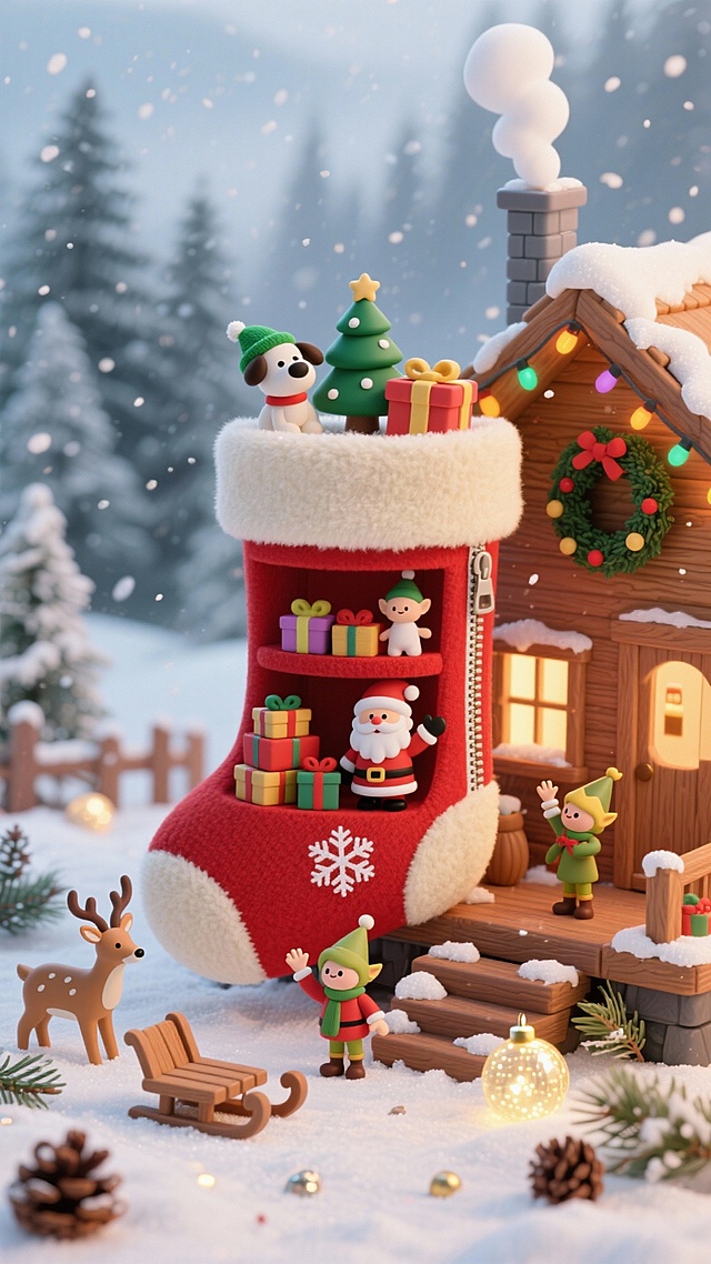 鲜红色巨型圣诞袜（袜身印白色雪花纹，顶部配米白色绒边，侧边设拉链开口），袜内分层呈现热闹的圣诞场景：上层有迷你圣诞树、礼物盒、戴绿帽的小狗玩偶；下层有圣诞老人玩偶、堆叠的礼盒、持礼物的另一位精灵玩偶。放置在雪地木屋前的木质台阶上，周围散落松针、松果与积雪，搭配木质雪橇、小鹿摆件与发光圣诞球。背景为原木色小木屋（墙面挂圣诞花环与彩灯），烟囱冒着袅袅白烟，天空飘着大片雪花，远处是雾凇覆盖的森林。色彩鲜艳，暖光光线（木屋窗户透出暖光），玩偶摆出张望、挥手的动态，整个场景具有冬日童话般的动态感。