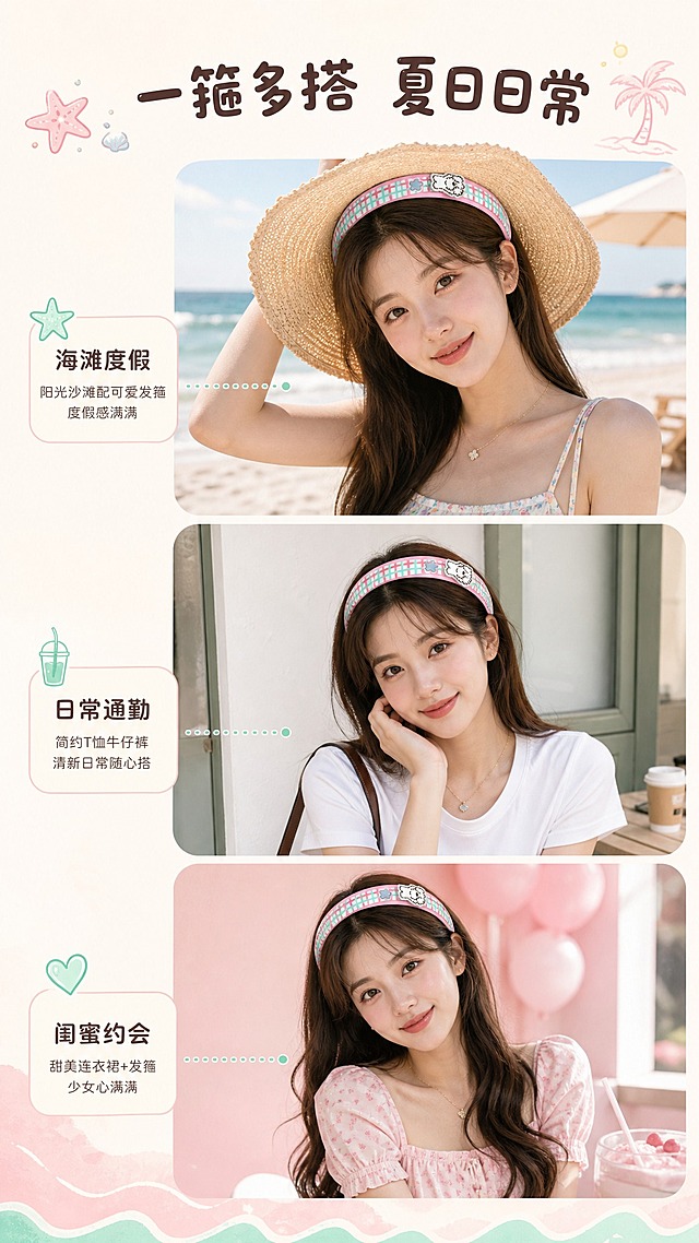 miiiiichan粉绿格纹举手小狗星星宽发箍竖版详情页第6张-多场景穿搭页。采用上下3宫格纵向布局，展示三个不同场景的佩戴效果：上格是海滩度假场景（吊带裙+草帽，夏日度假风），中格是日常通勤场景（简约T恤+牛仔裤，清新日常），下格是闺蜜约会场景（甜美粉色系连衣裙，少女感）。每个场景都是年轻亚洲女生佩戴发箍的半身照。背景是奶白色底，宫格间有柔和间距，顶部留白放标题。套系策略：风格=软萌治愈系miiiiichan海滩度假风 清新童趣；标题字=圆润可爱童趣字体；正文字=简洁圆润无衬线体；主色=奶白色+蜜桃粉+薄荷绿；背景延展=基于奶白和蜜桃粉薄荷绿做深浅层级 同色渐变 海滩度假元素；强调色=薄荷绿 仅用于小面积图标引线标签；标题色=深棕色；正文色=暖灰色；组件=圆角浅底信息卡 细线引线 可爱图标；光影=柔和自然光 治愈系暖调。文字：顶部主标题「一箍多搭 夏日日常」。每个宫格下方配场景标签：「海滩度假」「日常通勤」「闺蜜约会」。文字横排，字号适中。比例9:16，2K，避免变形错字文字过小 产品颜色改变 水印平台logo。
