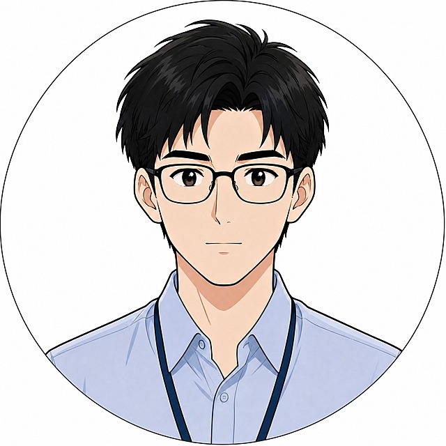 第二张：年轻男性正面头像，黑色短发，戴细框眼镜，穿浅蓝色衬衫，挂深蓝色工牌挂绳，表情自然平静，正视前方，日式漫画风格，纯色白色背景，圆形构图，线条清晰，色彩柔和，与第一张画风一致。