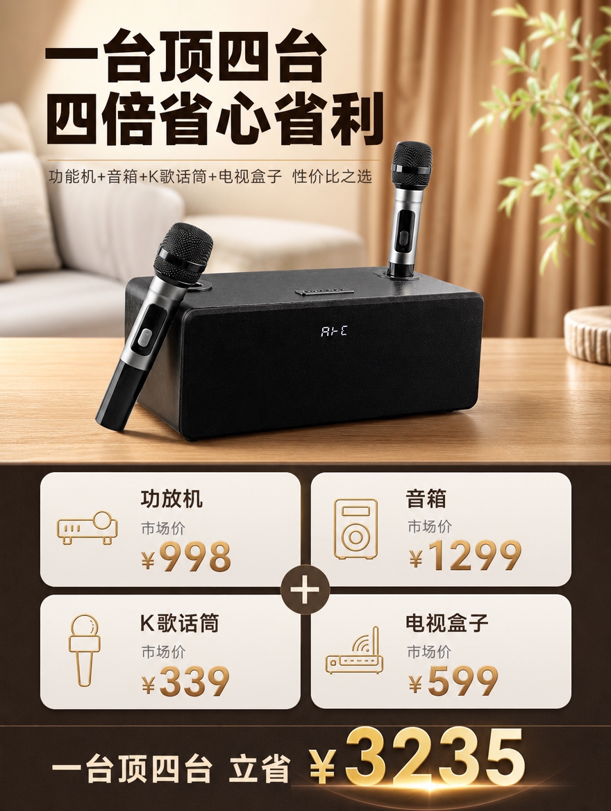 [商品] 使用【图5】一台顶四台性价比场景图；保留黑色音响主体… - 图片创意预览