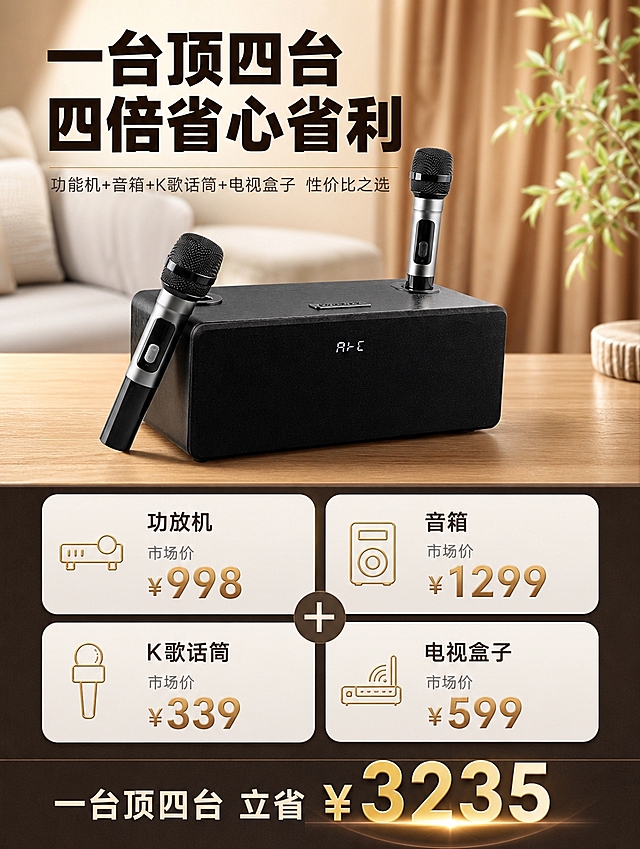 [商品] 使用【图5】一台顶四台性价比场景图；保留黑色音响主体、双麦克风、产品外观和客厅背景；清晰化产品细节，不改变产品原貌。
[画面] 目标：性价比页，突出四合一一台顶四台。构图：上半部分产品大图+标题，产品置于木质桌面，占画面45%；下半部分2×2四个圆角卡片展示四项功能价值，中间加号连接，底部突出性价比。阅读动线：从上到下。
[视觉] 套系策略：风格=现代家居科技感商业摄影；标题字=粗黑体大字；正文字=简洁无衬线体；主色=深棕黑+暖米白；背景延展=基于深棕黑和暖米白做深浅层级、同色渐变和细腻木纹/布艺质感；强调色=暖金色，仅用于小面积图标、引线、标签和局部光效；标题色=深棕黑；正文色=中暖灰；组件=圆角浅底信息卡、细线引线；光影=左前侧暖柔光，产品正面清晰。
[文字] 顶部主标题「一台顶四台 四倍省心省利」，副标题「功能机+音箱+K歌话筒+电视盒子 性价比之选」。底部4个卡片：功放机（市场价¥998）、音箱（市场价¥1299）、K歌话筒（市场价¥339）、电视盒子（市场价¥599）。文字横排，价格数字醒目。
[规格] 图片比例3:4竖版，4K分辨率，避免变形、错字、文字过小、产品颜色改变、结构失真、乱码乱字。