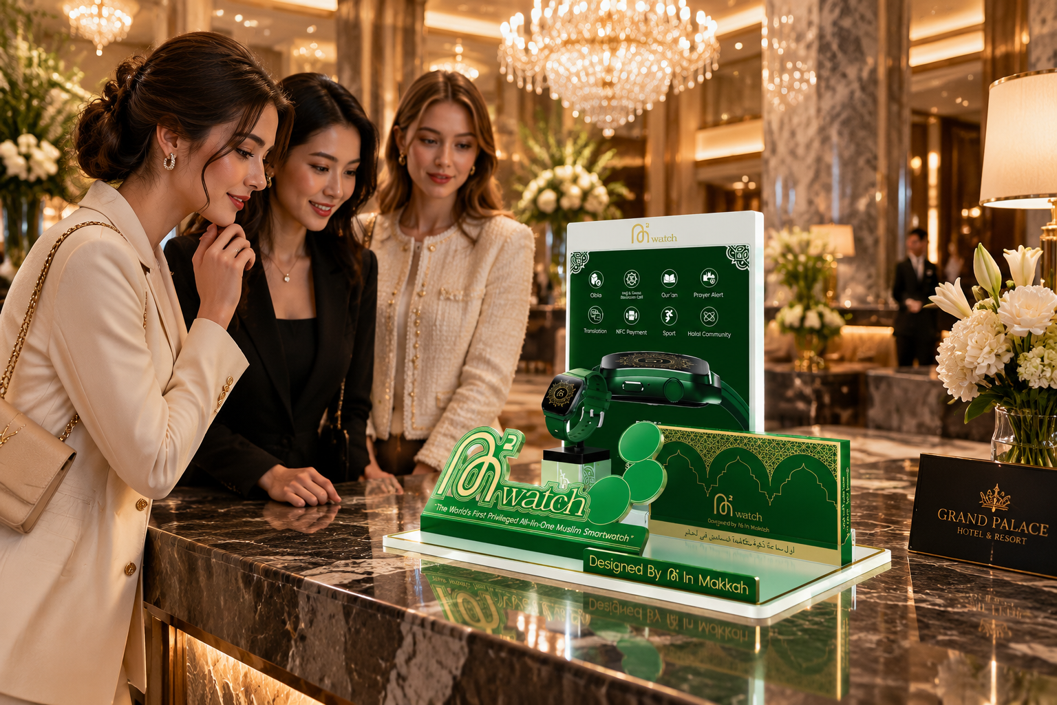 将图中的绿色亚克力智能手表展架放置在豪华高档酒店的前台大理石台… - 图片创意预览