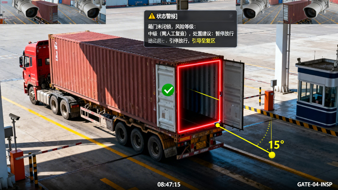 一幅来自港口闸口顶部安装的双向工业监控摄像头的合成视图。画面采用分屏形式：左侧为正面视角，右侧为45度侧面视角。图像具有标准的安防监控质感，带有轻微畸变，底部显示白色时间戳 “08:47:15” 与点预览效果