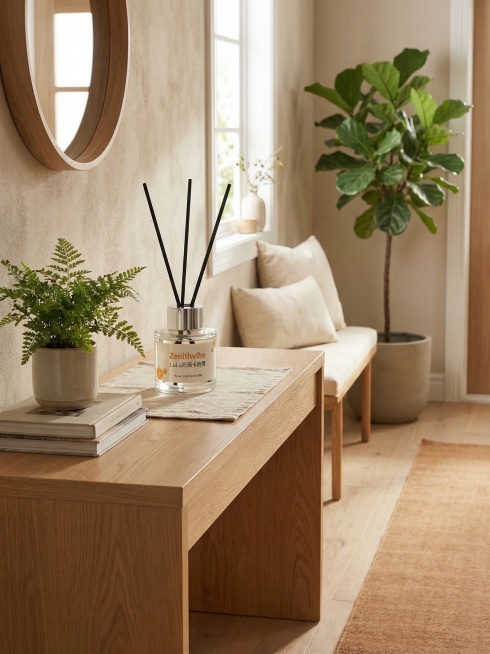 将这瓶无火香薰放到温馨的现代玄关场景中，保持香薰的清晰和完整，整体氛围自然清新，家居场景，光线柔和预览效果