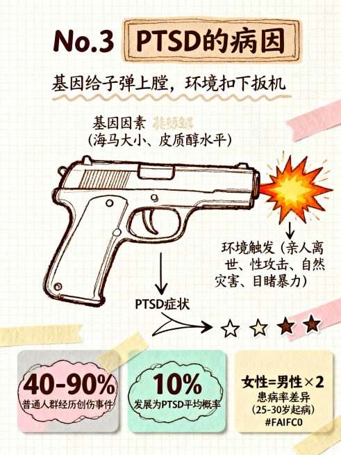 手帐风格，3:4竖版，方格纸背景（5mm间距），莫兰迪色系（粉灰#F5E6E0、薄荷绿#D5E8D4、米黄#FAF3E0、浅咖#E8DCC8），深咖色文字。顶部标题"No.3 PTSD的病因"配手绘矩预览效果