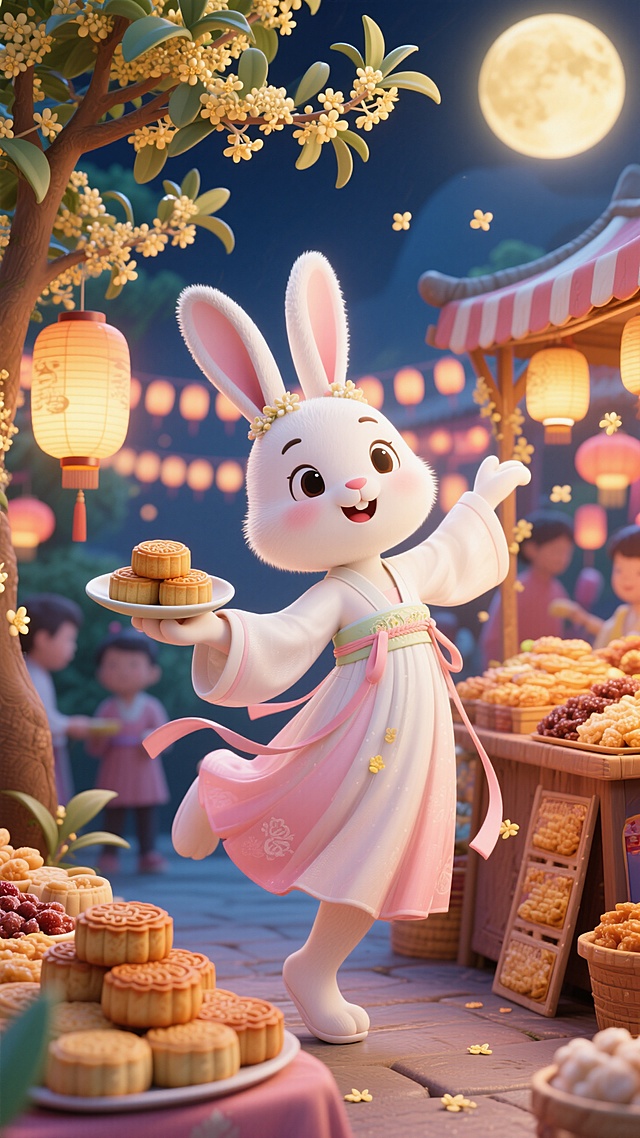 兔子拟人（保留兔子长耳朵和短尾巴，有五官穿粉白襦裙造型娇俏）在桂花树下设摊，左手捧着一碟桂花糕跳向镜头递出，右手往后扬起，双手纵向打开形成动态感，桂花糕碟为视觉中心焦点正对镜头。摊位上堆着各式月饼和蜜饯，背景是中秋灯会，特写。​