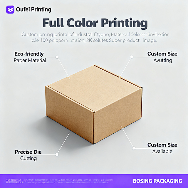 [主图 3] Function highlight diagram of custom printed gift boxes. Remove all original Chinese text, BOSING PACKAGING logo and purple bottom text, replace with 'Oufei Printing' brand mark at top left. Keep all colorful packaging boxes' appearance (physical structure, material texture, color, pattern details) absolutely consistent with input product image, no deformation no chromatic aberration, refined processing. The product set is placed in the center of the light gray background, with 4 thin white lead lines extending from different positions of the product, each lead line end has a small white dot, corresponding to 4 groups of English text descriptions: 'Full Color Printing', 'Eco-friendly Paper Material', 'Precise Die Cutting', 'Custom Size Available'. The text is arranged around the negative space, no occlusion of the product, the font is modern sans-serif, the text is clear and legible.
[Atmosphere style]: minimalist professional industrial style, clean and functional, in line with cross-border e-commerce specifications.
[Image quality]: commercial vector diagram texture, clear lines, high-definition picture.
[Light and shadow]: flat soft light, no obvious shadow, the picture is clean and tidy.
[Color matching]: main color light gray background, auxiliary product original bright color, text dark gray.
[Perspective composition]: centered composition, the product is the absolute visual center, the depth of field is shallow.
[Text layout]: the 4 groups of text are evenly distributed in the four directions of the product, the main text is bold and large, the auxiliary text is small and thin, the contrast is distinct, the layout is balanced.
[Proportional resolution]: 1:1 proportion, 2K resolution, super high-definition.
[Negative prompt]: deformation, watermark, text confusion, product blurred, messy background, Chinese characters, original BOSING PACKAGING logo, purple bottom text, messy lead lines.
