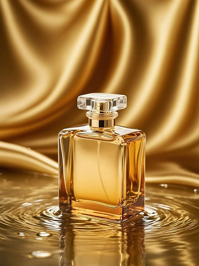 金色绸缎褶皱背景，底部添加水滴溅起的水波纹动态效果，光影聚焦强化瓶身渐变色彩与高端质感，华贵精致氛围