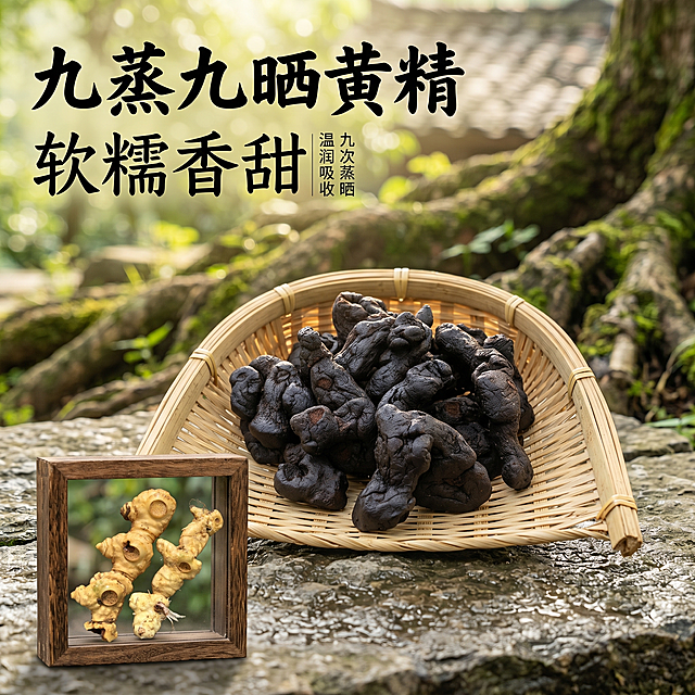 使用电商主图技能生成5张比例1:1的电商主图，适配平台为抖音，商品为「图片1」「图片1」「图片1」「图片1」，商品卖点为九蒸九晒黄精 软糯香甜 九次蒸晒 温润更易吸收 ，其他要求为突出产品的优点多场景展示