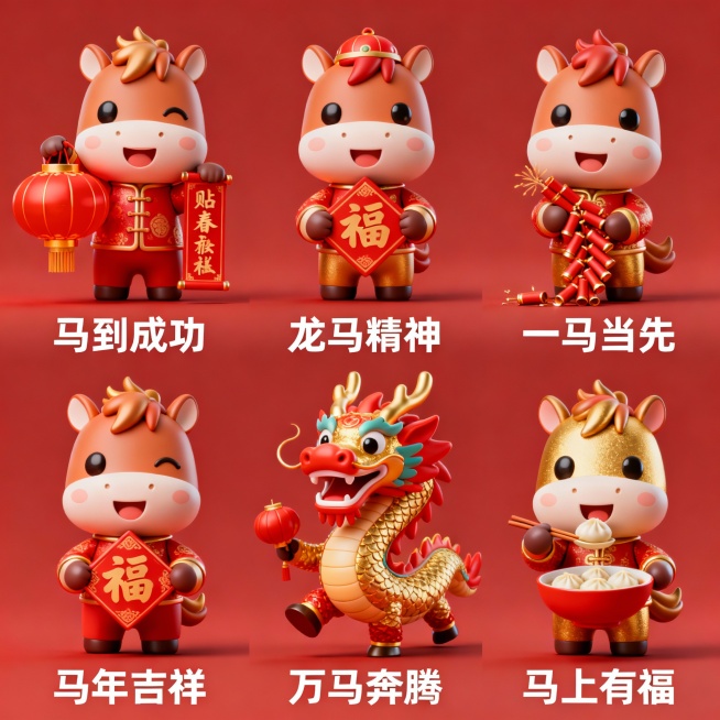 马年新年到，我想用稿定AI，生成和马年有关的新春祝福Q版3D表情包，让表情充满浓浓春节味道，需要生成6个不同的表情包，并搭配上一个祝福的成语或者俗语预览效果