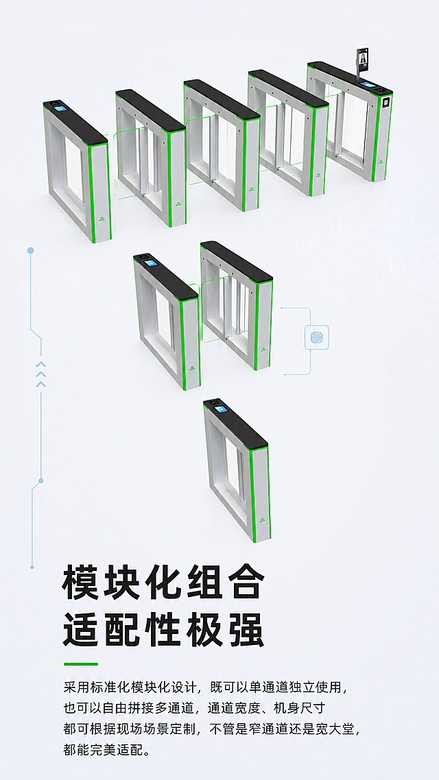 [产品外观亮点区4]淘宝详情页产品外观亮点，主题为模块化组合，上图下文布局，手机端适配。上方展示多通道拼接的闸机整体图，下方文字说明：模块化组合，适配性极强 采用标准化模块化设计，既可以单通道独立使用，也可以自由拼接多通道，通道宽度、机身尺寸都可根据现场场景定制，不管是窄通道还是宽大堂，都能完美适配。保持产品外观和颜色与参考图一致，整体风格统一，9:16比例，2k分辨率，清晰易读。负向提示词：变形，水印，文字错乱，产品模糊。