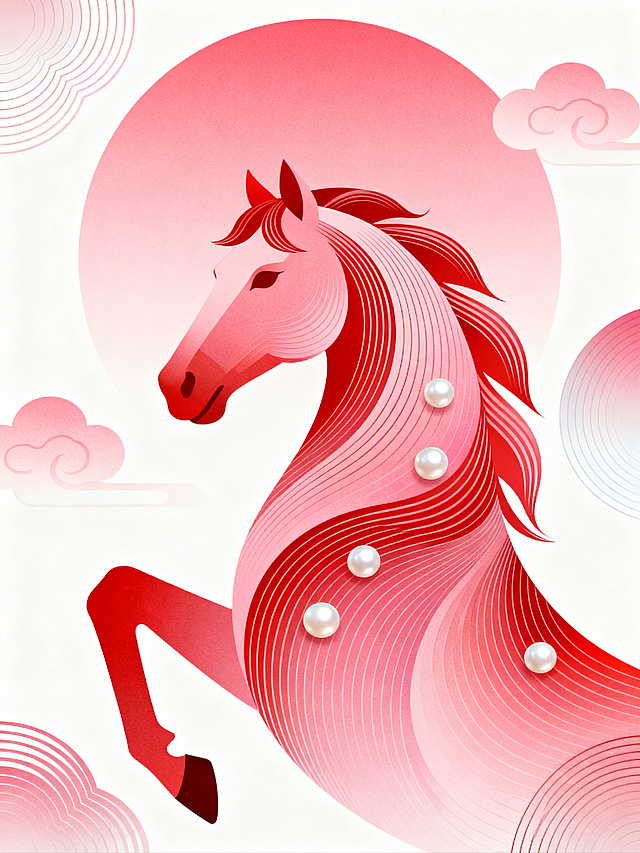 淡雅色彩，纯扁平风格，矢量图形+线条，极简画面，红粉渐变细密曲线和色块构成的骏马（线条沿马身轮廓弧度排布，呈现柔美的流动纹理），马首特写，马身点缀三个白色珍珠装饰；骏马前蹄抬起，线条肌理强化优雅动感；场景设定为白底色搭配几个交错的红粉渐变大圆形（空间感，颜色深浅不一）、中式云色块的背景，画面前后景都要有渐变有线条的圆角几何图形；风格参考是现代线条肌理+国风装饰风格，兼具简约高级感与传统喜庆氛围；色调色彩以红、粉（马身、背景）为主、白（珍珠）