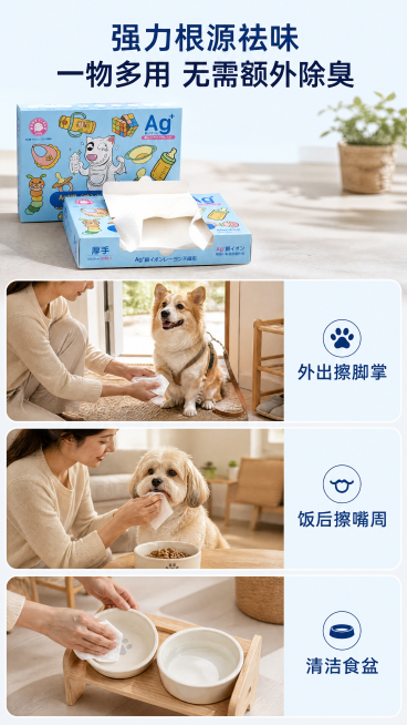 [第4屏] 爱思乐宠物清洁抑菌巾多场景祛味使用展示。本屏使用【图1】作为产品参考。本屏功能为展示一物多用多场景使用效果。
[氛围/风格] 生活场景风，温馨居家养宠环境，自然真实，代入感强。
[元素布局预览效果