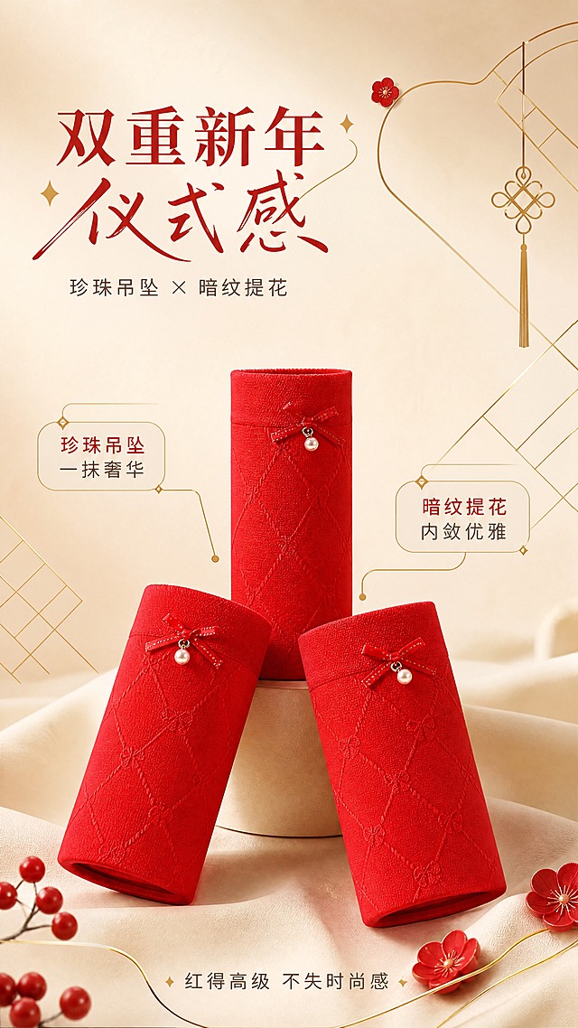[商品] 使用【图2】本命红内裤卷状展示，大红色；商品处理：保留腰头珍珠吊坠蝴蝶结、暗纹提花菱格纹理、卷状形态、颜色和面料质感；增强珍珠吊坠光泽和暗纹肌理清晰度，理顺面料边缘，不改变结构。
[画面] 页面目标：设计理念页，诠释珍珠吊坠与暗纹提花双设计点。构图：竖版9:16，左上方标题区，中部偏下展示两条卷状内裤+一条立状内裤呈三角排布，产品占画面约50%。左右两侧用细金线引出两个设计亮点，背景为浅米色渐变，点缀金色几何线条和红色小装饰。
[视觉] 套系策略：风格=高级轻奢商业摄影，暖调精致有品牌感；标题字=衬线体+手写体组合，优雅有设计感；正文字=简洁无衬线体；主色=浅米色（暖米白）；背景延展=基于浅米色做深浅层级、同色渐变和细腻纸张/织物质感；强调色=金色（哑光金+浅金），仅用于小面积图标、引线、标签和装饰线条；标题色=正红色+金色点缀；正文色=深棕灰；组件=圆角浅米色信息卡、细金线引线、菱形金饰小图标；光影=左前侧暖柔光，柔和阴影，产品立体感强。
[文字] 左上主标题"双重新年仪式感"，副标题"珍珠吊坠 × 暗纹提花"；左侧引线标注"珍珠吊坠 一抹奢华"，右侧引线标注"暗纹提花 内敛优雅"；底部小字"红得高级 不失时尚感"。文字横排，层级清晰。
[规格] 图片比例9:16竖版，4K，避免变形、错字、文字过小、冷蓝/蓝灰背景、内裤颜色改变、版型失真、低俗擦边、极限词。