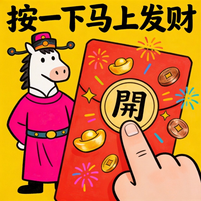 手绘涂鸦风格的微信红包封面，画面主体是抽象拟人线条马形象，身穿鲜艳的粉红色官袍、头戴官帽，背景为明亮的黄色。前景是长春巨大的卡通手指正指向红包上的圆形“開”字，周围飞舞着金色元宝、铜钱和彩色烟花，顶部预览效果
