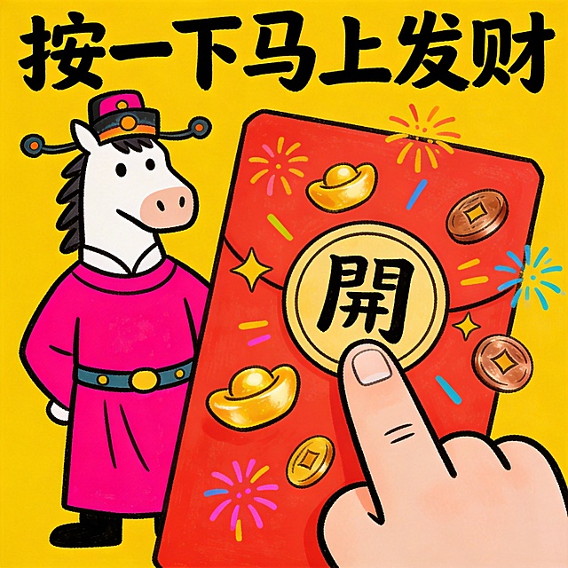 国潮风插画，拟人化马爷穿唐装，卡通手按红包“开”字，喜庆爆竹环绕，寓意新年马上发财。