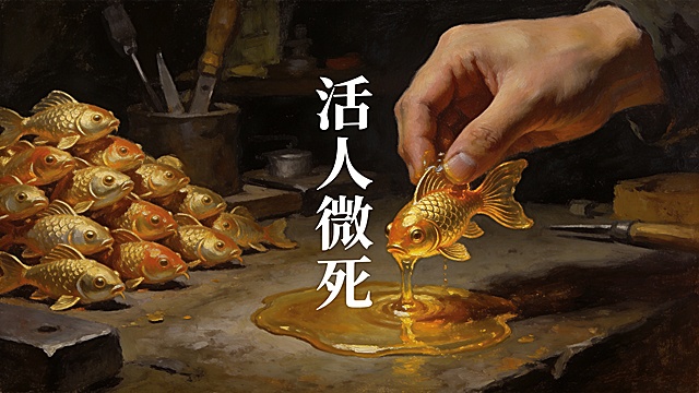 [image-电影级特写镜头，复古油画质感。一只手正在熔化一只精致的【金鱼】，金鱼正在变成一滩金水。旁边堆满了无数只一模一样的金鱼。背景是昏暗的工作坊。画面正中悬浮着白色的宋体文字：【活人微死】（或【平静的凋谢】）。]