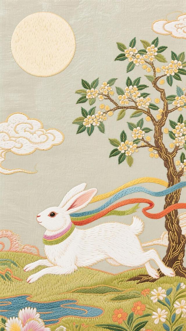 满月悬天，白兔携彩绸奔跃于繁花树旁、流水之上，绣纹般的画面，满是祥瑞灵动与中秋的美好期许。