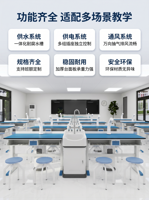 [主图 2] 化学实验室实验台细节展示。
[氛围风格] 专业现代，清爽明亮，细节清晰；
[画质] 商业摄影质感、光线柔和通透、产品清晰真实、画面干净高级。
[元素] 展示化学实验室前排实验台整体，突出预览效果