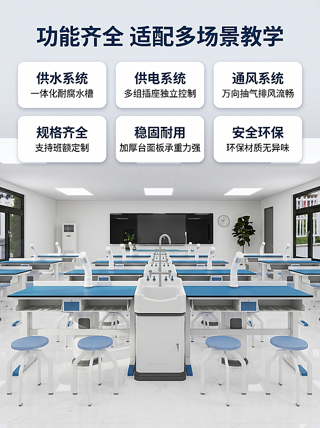 [主图 2] 化学实验室实验台细节展示。
[氛围风格] 专业现代，清爽明亮，细节清晰；
[画质] 商业摄影质感、光线柔和通透、产品清晰真实、画面干净高级。
[元素] 展示化学实验室前排实验台整体，突出水槽、水龙头、通风装置等功能细节。实验台蓝面白架，蓝色圆凳整齐排列，背景是完整的实验室空间，干净整洁。保持实验台外观（物理结构、材质质感、颜色）与输入图片绝对一致，杜绝任何变形和色差，精细化处理。商品主体占比严格控制在 60%-80% 之间。画面满屏无边框。
[光影] 均匀柔和的室内顶光搭配侧面自然光，整体明亮通透，细节清晰，高光不溢出，暗部有层次。
[配色] 主色调蓝白色，搭配白色大理石地面，干净专业。
[视角构图] 平视中心视角，实验台细节为视觉中心，景深适中，细节清晰。
[文字版式] 顶部中心放置主标题，下方2×3信息卡片矩阵展示核心亮点。主标题 "功能齐全 适配多场景教学" 深蓝色粗体；六张卡片分别为：「供水系统」一体化耐腐水槽 「供电系统」多组插座独立控制 「通风系统」万向抽气排风流畅 「规格齐全」支持班额定制 「稳固耐用」加厚台面板承重力强 「安全环保」环保材质无异味。卡片白色背景深蓝色文字，圆角设计，均匀分布，字图对比清晰，不遮挡主体。
[比例分辨率] 3:4 比例，2k 分辨率；文字清晰锐利，画面超高清。
[负向提示词] 变形，水印，文字错乱，产品图模糊，背景杂乱，牛皮癣，配色刺眼，遮挡主体，曝光过度，非等比拉伸。