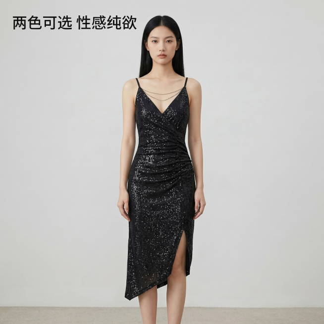 亚洲年轻女模特，黑色长直发，身着黑色亮片V领不规则包臀吊带连衣裙，胸前带有一条金属链条装饰，褶皱收腰设计，不规则开叉，模特自然正面站立，展示连衣裙整体版型。背景为简约浅灰色纯色墙面，光影柔和均匀，整体预览效果
