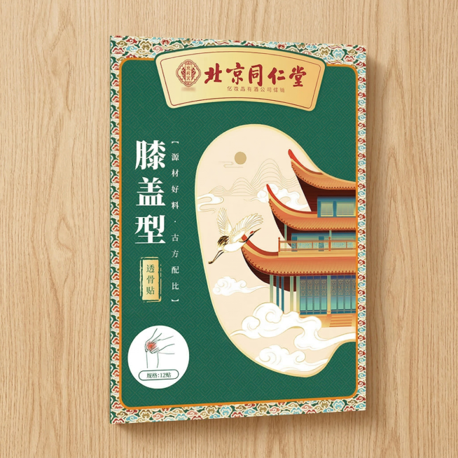 北京同仁堂膝盖型透骨贴产品包装盒放置在画面中心，生成一张电商sku预览图，整体是自然浅木质桌面背景，带有真实木纹质感，简约温馨风格，产品光线均匀清晰，800x800像素预览效果