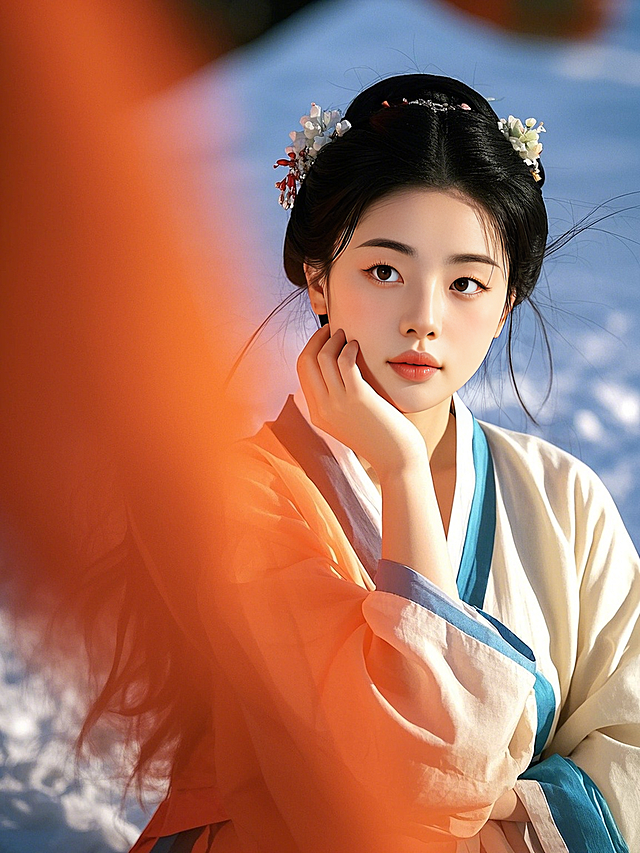 女生，汉服证件照，国风，纯色背景