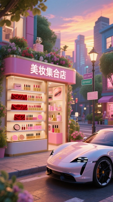 画面以黄昏、都市与花园融合的时尚街区为背景，中央是一家 “美妆集合店”，特写镜头，货架上陈列着多款不同类型（红色丝绒口红、金色珠光眼影、粉色水润腮红）的化妆品，搭配弥漫的香氛。集合店旁停着时尚跑车、立预览效果