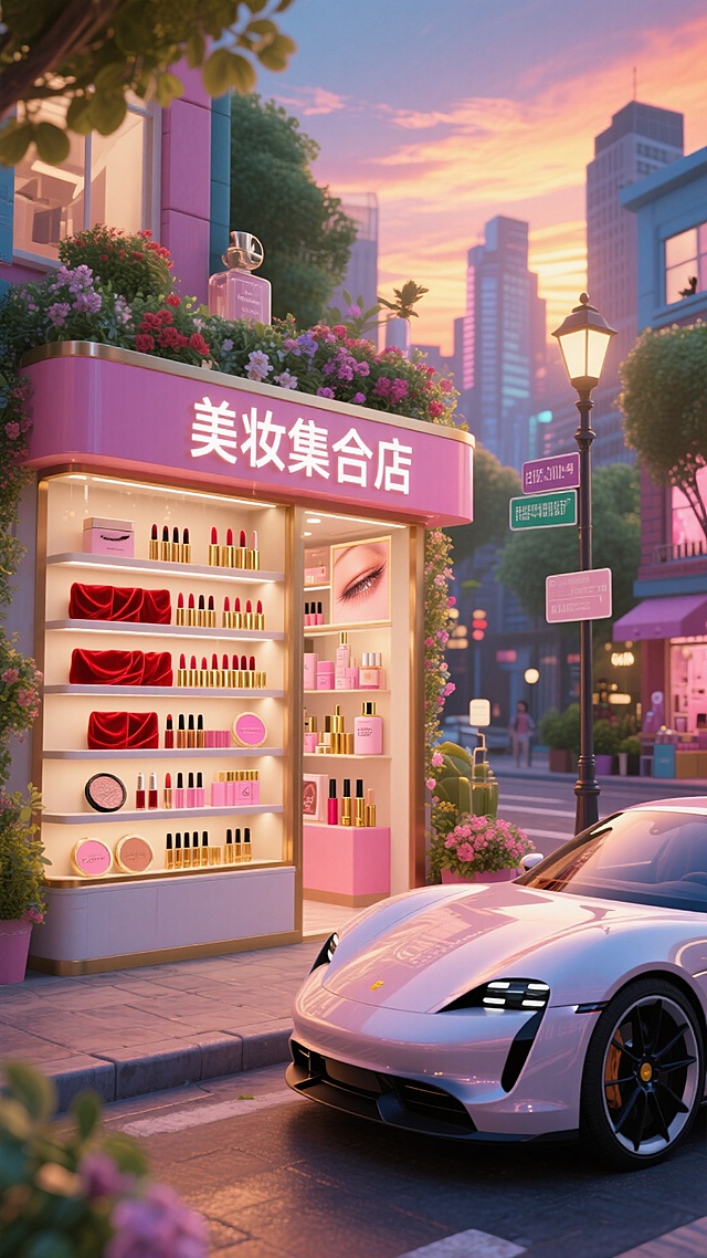 梦幻霓虹夜景中的美妆集合店，融合软3D风与塑料质感，粉色系搭配虚拟现实元素，营造甜蜜时尚潮流氛围。