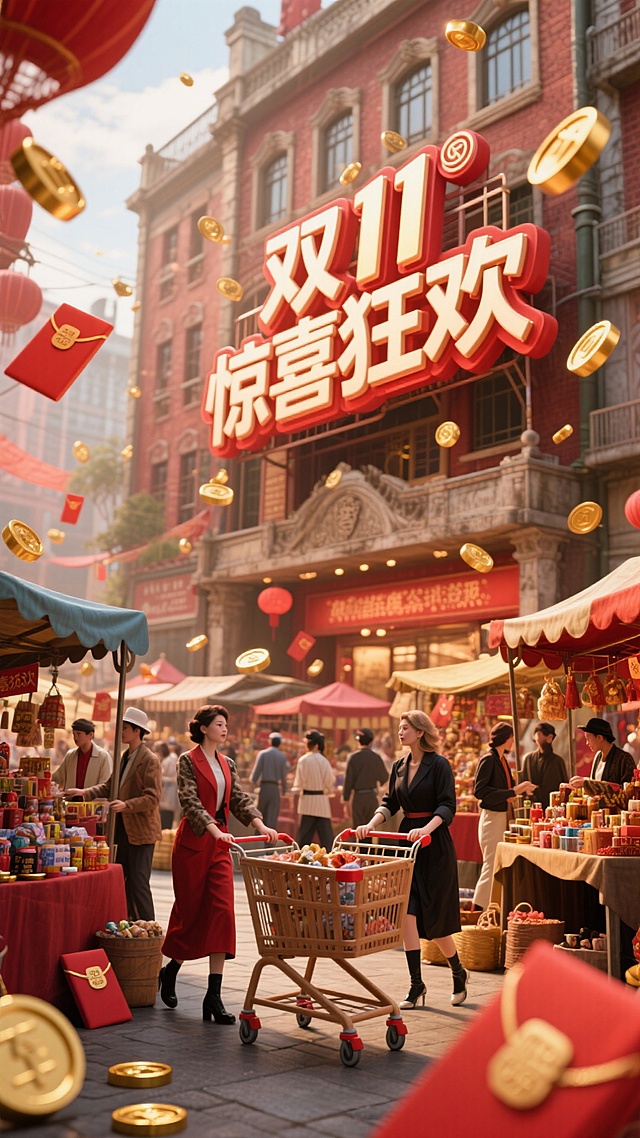 国潮风市集，复古建筑与3D立体字结合，鎏金粒子飞舞，红灯笼与红包点缀，营造喜庆热闹的双11购物狂欢氛围。