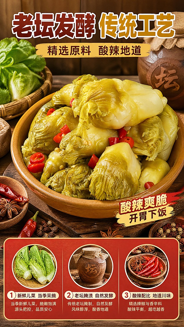 [商品] 使用【图2】满满一碗泡儿菜的斜视角产品图，装在棕黄色陶碗中；保留儿菜形态、颜色、表面小米辣、陶碗质感与腌渍光泽，不改变菜品结构。
[画面] 目标：工艺与原料卖点页，强调老坛发酵、传统工艺、好原料造就好味道。构图：上图下文竖版，上方约55%为产品主体区，满满一碗泡儿菜居中展示，周围环绕原料元素（新鲜儿菜、红辣椒、花椒、八角、老坛示意）；下方约45%为工艺卖点信息区，用3个横向图标+文字模块展示3大核心工艺。
[视觉] 套系策略：风格=拼多多接地气食欲风商业摄影；标题字=粗黑厚重黑体，带轻微描边；正文字=简洁无衬线黑体；主色=暖黄+酱红；背景延展=基于暖木色做深浅层级、同色渐变和质朴木纹/粗陶质感；强调色=辣椒红，仅用于小面积图标、引线、价格标签和重点字高亮；标题色=深酱红+明黄双拼；正文色=深棕褐；组件=圆角红底信息卡、粗线引线、爆炸贴式卖点标签；光影=左前侧暖柔光，突出菜品与原料的真实质感。
[文字] 产品上方主标题"老坛发酵 传统工艺"（8字），副标题"精选原料 酸辣地道"（8字）；下方3个横向卖点模块：「① 新鲜儿菜 当季采摘」「② 老坛腌渍 自然发酵」「③ 酸辣配比 地道川味」，文字全部横向排版，层级清晰，手机端可读。
[规格] 图片比例9:16竖版，分辨率4K，负向提示：避免变形、错字、文字过小、冷蓝/冷灰背景、菜品颜色改变、出现平台Logo/水印/二维码、绝对化极限词、虚假功效承诺。