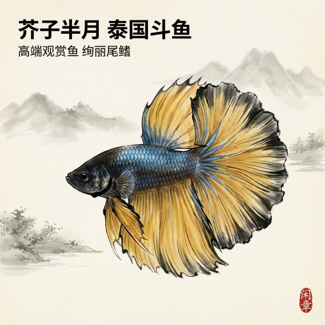 [主图 1]
[主图主题] 泰国半月芥子斗鱼观赏鱼首图
[氛围/风格] 中式水墨画艺术风格，国风写意，墨色晕染雅致，结合斗鱼本身的黄蓝黑色彩
[画面元素] 泰国半月芥子斗鱼主体居中展示，鱼身颜色保持为预览效果