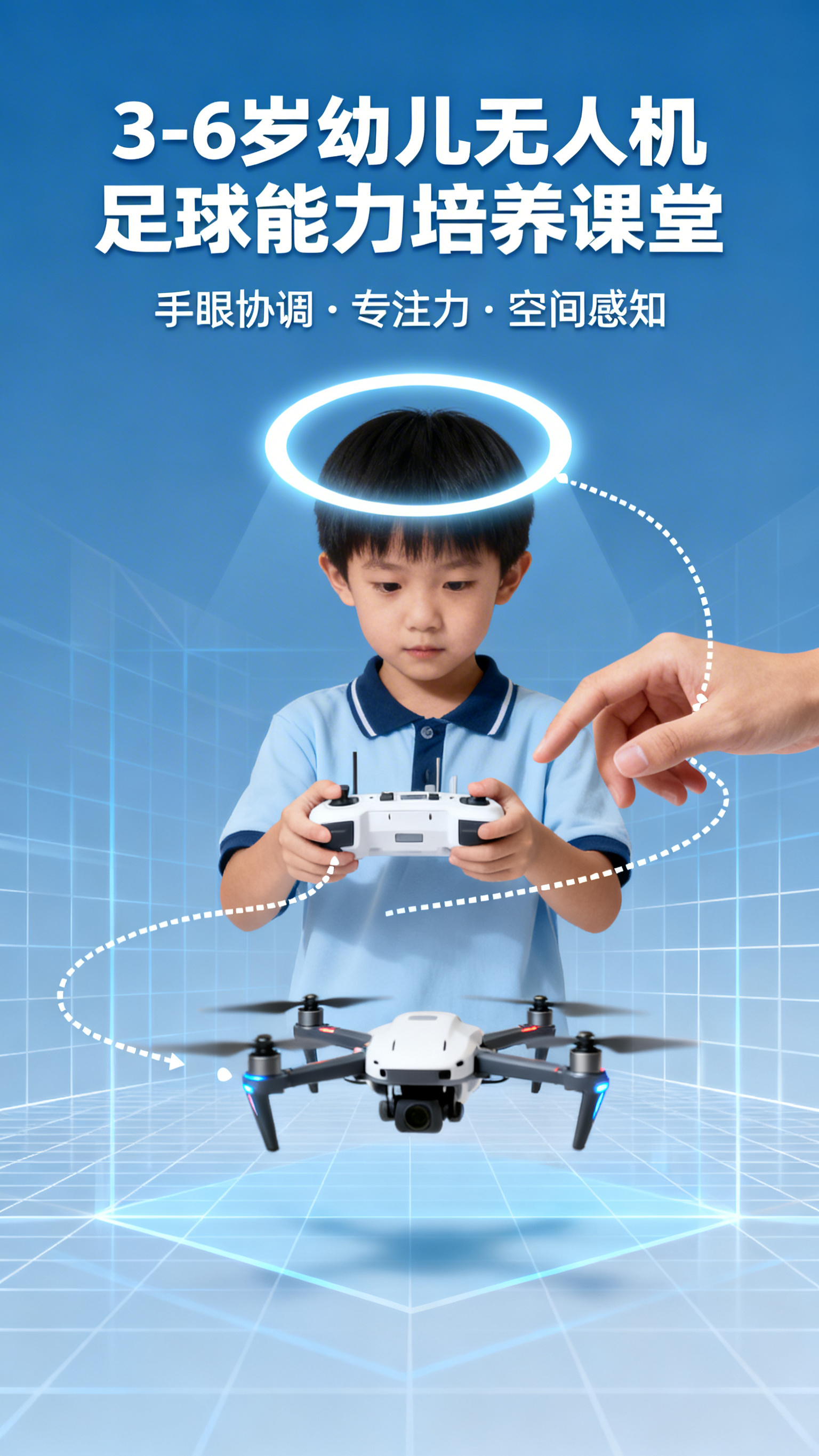 儿童能力培养主题海报，展示3-6岁幼儿在无人机足球课程中锻炼手… - 图片创意预览