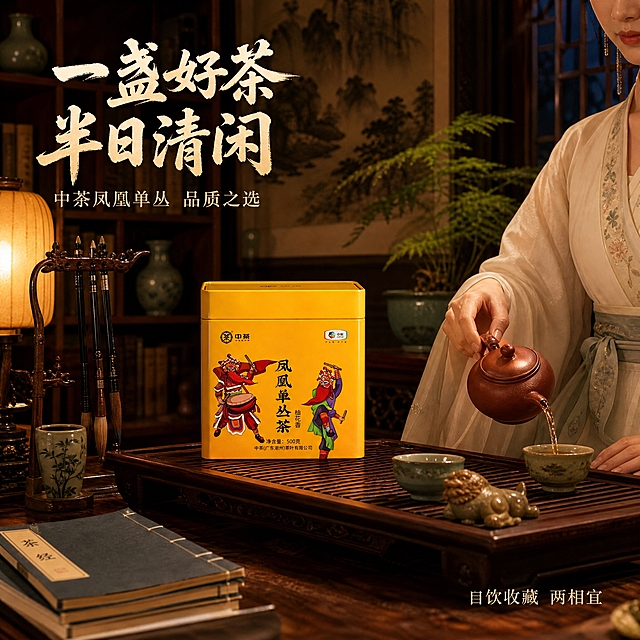 [主图-4] 场景体验：沉浸式中式书房品茶场景，营造高端生活方式代入感。
[统一基调] 沉浸式氛围感风格，暖调国风茶韵，深棕木色+暖金色+茶烟青的高级配色，主标题用粗笔刷书法字米白金色带轻微阴影，辅助文案用细宋体浅米色，整体光影柔和有层次，带淡淡茶烟雾气。
[画面] 新中式书房场景，暖黄灯光营造温馨氛围。产品铁罐放置在红木书桌上的茶盘中央，占比约35%。茶盘上有紫砂壶、品茗杯、茶宠等茶具。书桌一角有线装古书、毛笔架、一盆文竹。背景是深色实木书架，摆满古籍与瓷器，墙上挂着一幅水墨山水画。窗外夜色深沉，室内暖光融融，一位身穿素色汉服的女子手部特写正在斟茶，动作优雅。整体营造沉浸式夜读品茶的雅致生活场景。
[光影质感] 室内暖黄灯光，主光源来自书桌台灯，柔和漫射，阴影过渡自然，产品有温暖环境反光，整体电影级氛围感，商业摄影质感。
[配色] 主色深木棕+暖黄灯光+墨黑，点缀青瓷绿+朱砂红，产品明黄色成为视觉焦点。
[文字版式] 左上角主标题大字：一盏好茶 半日清闲，下方小字：中茶凤凰单丛 品质之选。右下角小字：自饮收藏 两相宜。文字放在画面负空间，不遮挡产品与场景主体。
[输出要求] 800*800正方形，1:1比例，文字清晰可读，产品清晰完整，高画质。禁止变形、错字、模糊、杂乱、水印、平台Logo、多余手指、悬浮穿模、面部扭曲。