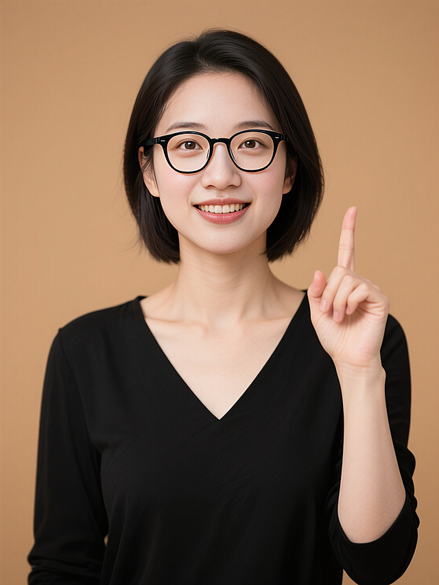 女性讲师职业形象，戴黑框眼镜、穿黑色 V 领上衣，右手食指指向上方，正面半身照，纯色暖色调背景