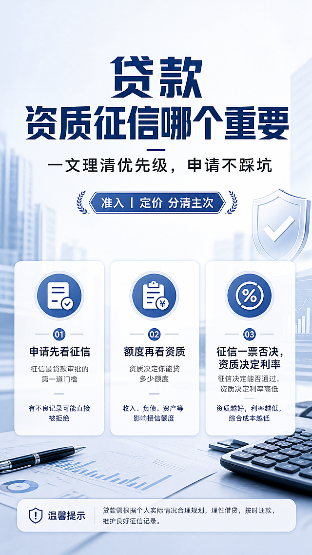 专业金融科普风格，内容种草海报，主标题"贷款 资质征信哪个重要"，副标题"一文理清优先级，申请不踩坑"，装饰文案"准入｜定价 分清主次"，卖点分别为"申请先看征信" "额度再看资质" "征信一票否决，资质决定利率"，整体写实商业风格，简约专业的金融背景，采用低饱和度蓝色为主色调，大标题居中排版，信息卡片分区展示卖点，四边留足安全边距，文字清晰可读，排版精美，画面留白适中，层次分明，整体专业可信