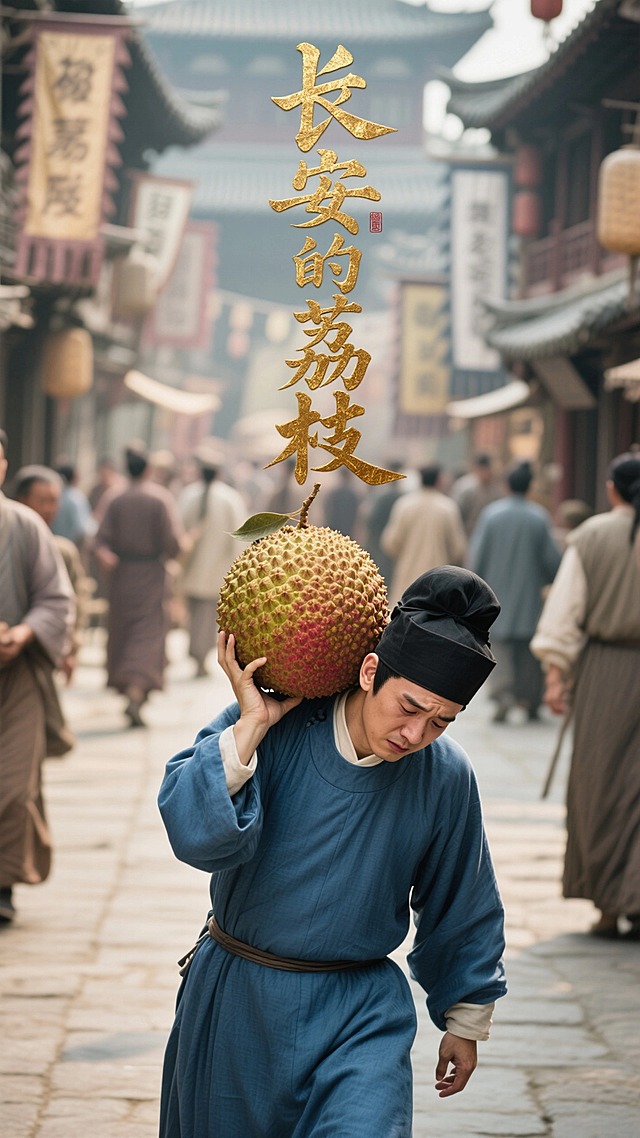 画面文字标题是“长安的荔枝”，艺术字体鎏金设计，文字竖排版，画面主体是一个穿着靛蓝色唐装、戴黑色幞头的男子，吃力疲惫的抬着一颗巨大的荔枝，半身镜头，背景是唐代繁华的街道和百姓，虚焦，复古色调。