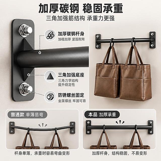 [主图-2] 壁挂式单杆毛巾架核心卖点图，展示产品底座固定结构与安装稳固性，突出加厚材质与承重能力。
[统一基调] 整体风格为简约高级的家装实景风，背景主色为米白+浅灰，标题字色为深灰黑色，辅助字色为中灰色，强调色为哑光黑色；字体为无衬线粗体，字号层级分明，卡片与图标采用圆角极简样式。
[画面] 画面左侧为产品底座局部放大特写，展示方形黑色底座、两颗银色螺丝固定结构、三角加强筋设计，细节清晰可见；右侧为完整产品安装在墙面上的小图，下方悬挂两个棕色皮质收纳袋（模拟重物悬挂状态），展示承重效果；画面底部有两个对比小图框，左图标注「普通款 单薄易弯」展示细杆变形示意，右图标注「本品 加厚承重」展示粗杆稳固状态。
[光影质感] 商业摄影质感，底座特写部分采用侧前光突出金属质感与螺丝细节，阴影柔和自然；整体光线均匀，材质表现真实。
[配色] 背景浅灰渐变，产品哑光黑+银色金属件，对比图框用浅灰边框，强调文字用黑色。
[文字版式] 顶部居中放置主标题「加厚碳钢 稳固承重」，字体加粗无衬线；主标题下方放置副标题「三角加强筋结构 承重力更强」；左侧底座特写旁用引线标注三个卖点：「加厚碳钢杆身」「三角加强底座」「防锈螺丝固定」，每条配小图标；底部对比图框下方各配一行说明文字。
[输出要求] 比例1:1，文字清晰可读，产品结构完整清晰，无变形、错字、模糊、杂乱、水印、平台Logo；禁止编造承重数值，只展示结构与使用状态；禁止产品悬浮、穿模。