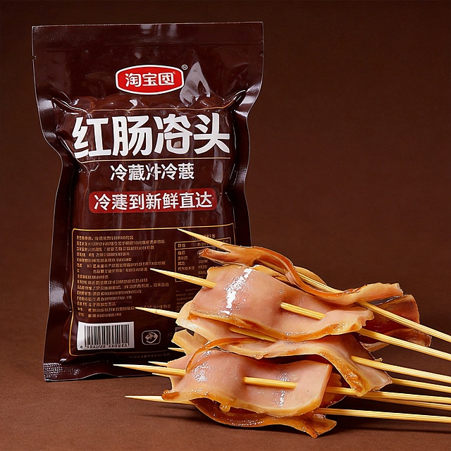 红肠头串放在打包冷链包装袋旁，展示发货包装，突出冷链发货新鲜直达，深棕色美食风，淘宝主图