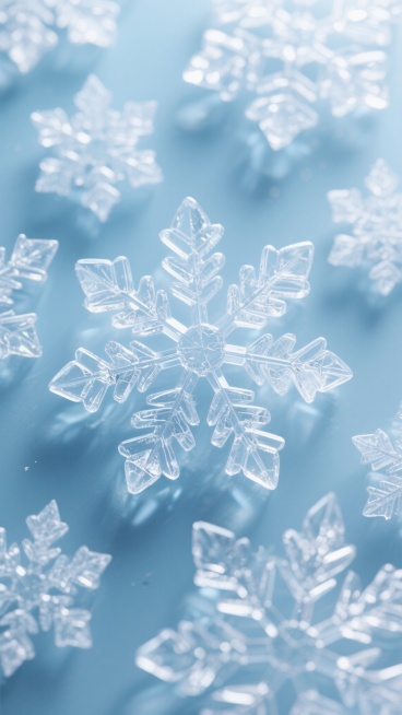 透明冰雕造型的雪花，每个冰晶棱角分明，内部有细微的冰裂纹理，整体呈现出晶莹剔透的质感，以浅蓝色为背景，光线从上方柔和照射，在冰晶表面形成明亮的高光和淡淡的阴影，雪花彼此紧密排列，充满整个画面，营造出寒冷而纯净的氛围。预览效果