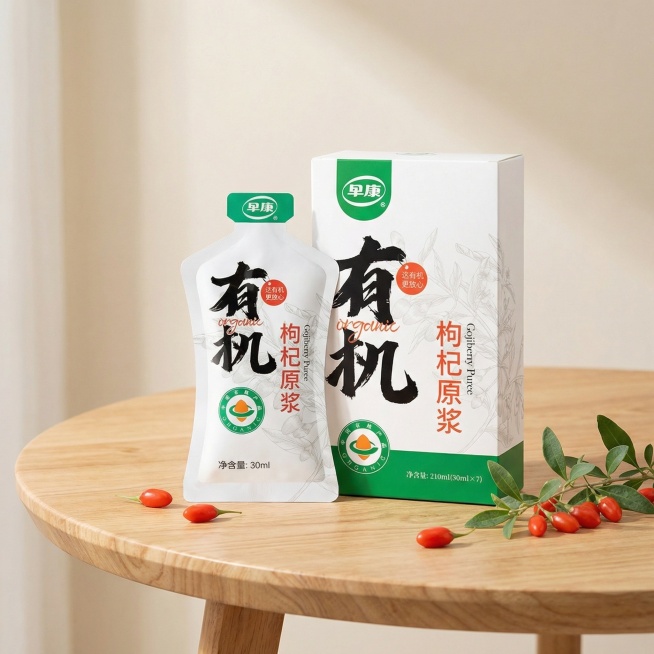 将早康有机枸杞原浆产品放置在带有自然纹理的浅色木质桌面上，背景为柔和的浅米色，点缀少量新鲜枸杞和枸杞枝叶，营造自然健康的氛围，突出产品原生态有机的特质，画面整体清新舒适，吸引消费者目光预览效果