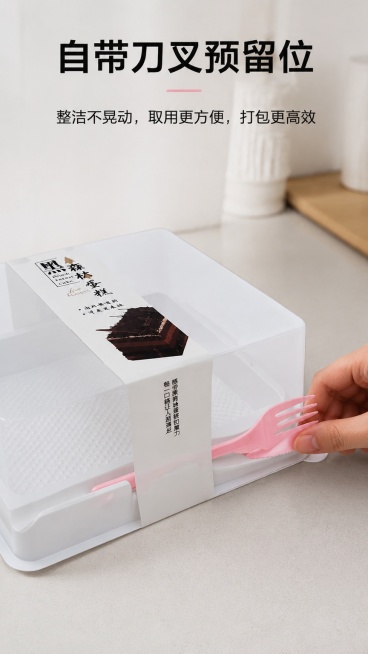 [第7屏] 人性化设计展示-刀叉预留位细节体验。本屏使用【图1】作为包装盒主体。
[氛围/风格] 真实操作体验，清晰展示设计细节，实用自然风格。
[元素布局] 包装盒侧部打开，展示预留的刀叉放置位，一预览效果