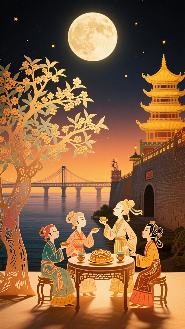 中秋之夜，剪纸风插画展现古典庭院中四人共赏明月、品饼欢聚，光影交错间透出温馨梦幻的中式韵味。