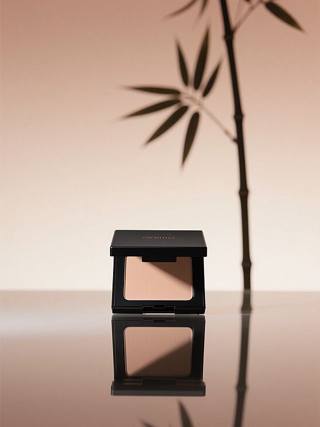 底部镜面倒映着一盒黑壳粉饼的特写，背后是一支长长的竹叶剪影，杏色渐变背景