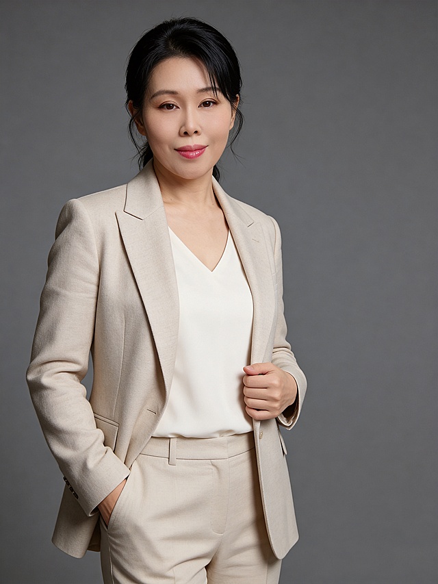 参考第一张图保留人物脸型､年龄等特征生成职场形象照,参考第二张图人物占位和比例,标准焦段50mm,F/4光圈(F/2.8-F/4区间),平视视角(镜头与人物视线齐平);人物占画面70%,人物居中(居中构图),位于画面中心,为视觉聚焦点,入境范围头部及以下至臀部下方10cm(半身像);左右留少量背景空间;头部与画面顶部保留5%空间;头部发型完整;头肩比例协调,双侧柔和打光,主体锐利,美颜磨皮韩式精致自然的浓妆,淡妆,肤质白皙细腻;冷调白皙,极淡裸粉哑光眼影打底,极细内眼线填充睫毛根部,大直径深棕色带细微高光点的自然款美瞳;边缘模糊无生硬轮廓;唇妆:粉调草莓红镜面水光唇釉,均匀肤色提亮肤色,身穿修身精纺羊毛混纺面料的浅杏色西装外套,平驳领(商务感正式感);米白色V领内搭,下装精纺羊毛混纺面料的浅杏色西裤(面料同西装),发质柔顺有层次,淡雅清新;采用左手插兜､右手轻扶西装侧襟,姿态从容;站立姿态轻松随性自然,嘴角上扬低调内敛,头肩比例协调,平视视角,姿态优雅,均匀肤色提亮肤色,自信,柔和自然打光,画质清晰,头部完整,高清棚拍专业摄影人像写真,去除人物之外的所有元素,结构准确;光比1:1.5,4800K中性光,修饰脸型,肤质哑光细腻,面部雾面柔光,轻透裸肌感,真实毛孔纹理,32K画质,去除人物之外的所有元素,零噪点降噪,极简中深灰度纯色背景｡严格按照第一张图内容生成。