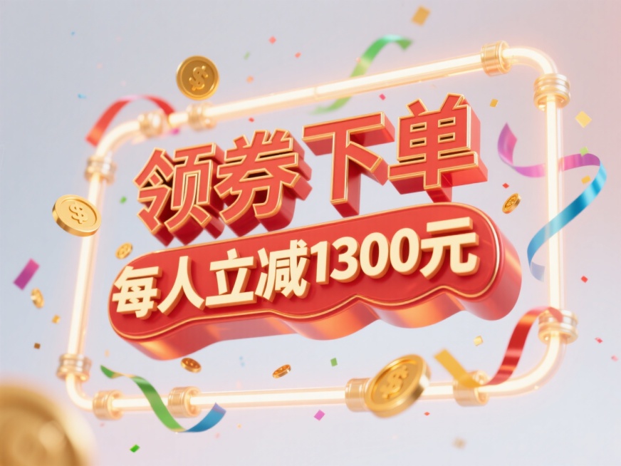 “领券下单每人立减1300元"红金色，立体浮空，带有微粒散射光效，白色渐变背景，环绕霓虹灯管式边框，漂浮金币和彩带元素预览效果
