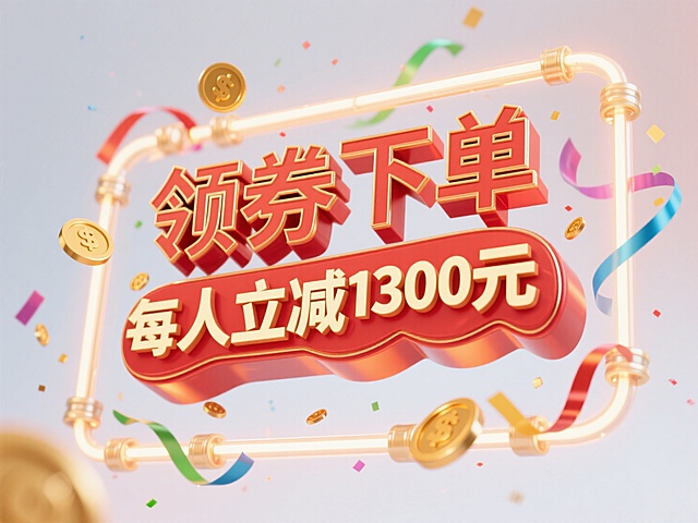 “领券下单每人立减1300元"红金色，立体浮空，带有微粒散射光效，白色渐变背景，环绕霓虹灯管式边框，漂浮金币和彩带元素