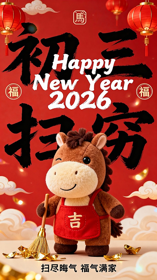 提示词：纯正面小马，Q 版棕褐配色的拟人毛绒小马公仔（腹部是浅米色毛绒，单眼眯起微笑，鬃毛为深棕短绒质感，圆鼓鼓的肚子），站立，身着简约红围裙（围裙绣 “吉” 字），手持金色小扫帚，脚边散落金色光箔（象征扫走穷气）。红色背景，搭配红 / 金配色灯笼与祥云光效；小马公仔位于画面中下部核心区域；画面上部排布大号黑色毛笔大字 “初三 扫穷”（笔触清晰），中间叠印一行白色毛笔字体小字 “Happy New Year 2026”，背景文字两侧点缀圆形 “福” 字标识，画面顶部有小型 “馬” 字图形标识，底部有黑色很小的字 “扫尽晦气 福气满家”（2026 为毛笔字体）。